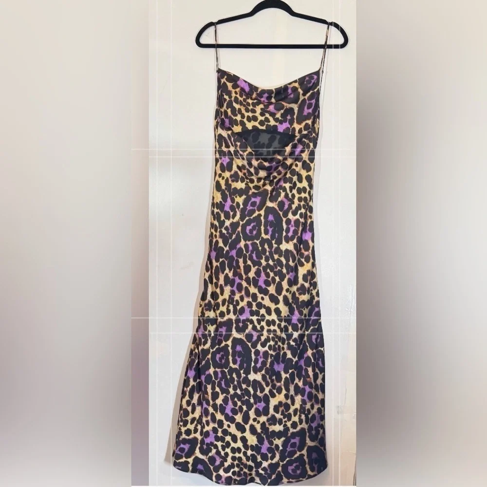 Zara Satin Effect Leopard Purple Slip Spaghetti Strap Midi Dress | Size S